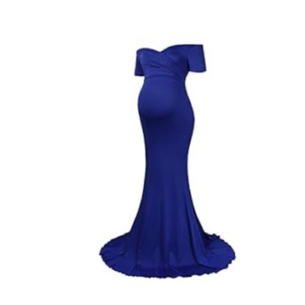 NWT Royal Blue Maternity Maxi Dress Off Shoulder Elegant Fitted Gown, Size Small